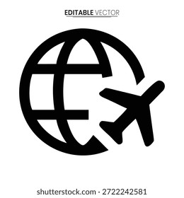 Un gráfico de Vector negro que representa un avión en vuelo alrededor del mundo, simbolizando viajes por todo el mundo.