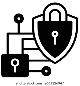 A black vector graphic depicts a shield with a padlock and a separate padlock connected by lines and circles, symbolizing network security and data protection.
