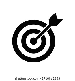 O gráfico vetorial preto ilustra uma seta que atinge o alvo. Design simples, perfeito para apresentações, design na Web ou qualquer projeto que precise de um conceito-alvo.