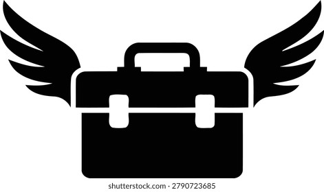 Black vector graphic illustration depicting a traditional briefcase with large, elegant wings, representing accelerated business, efficient travel, financial mobility, and swift professional aspirations design element.