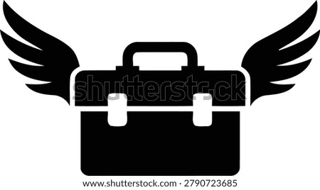 Black vector graphic illustration depicting a traditional briefcase with large, elegant wings, representing accelerated business, efficient travel, financial mobility, and swift professional aspirations design element.