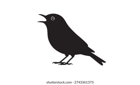 Black vector graphic illustration depicts a small songbird silhouette standing with its beak open suggesting it is actively singing a melody or making a distinct call.