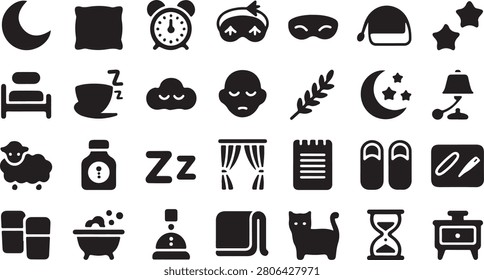 Black vector graphic illustration showing various sleep related icons for a comfortable night time routine design