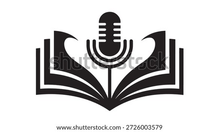 Black vector graphic of microphone on open book symbolizing podcasting audio learning and education with bold lines and simple design