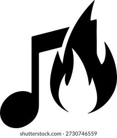 Eine schwarze Vektorgrafik einer Musiknote verschmolzen mit einer Flammensilhouette, die Leidenschaft und Energie in der Musik symbolisiert, auf rein weißem Hintergrund.