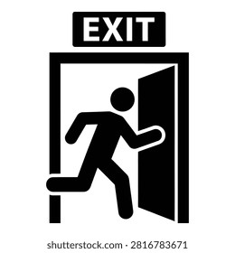 Black vector graphic of a running man escaping through an open door marked with an exit sign. Ideal for safety instructions, evacuation plans, and emergency signage.