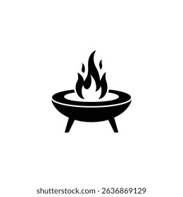 Black vector graphic showcases a stylized fire pit standing on legs, with vivid flames erupting upward in front of a blank white background.