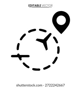 Gráfico vetorial preto mostrando um pino de localização e um caminho tracejado, indicando viagem ou direção.