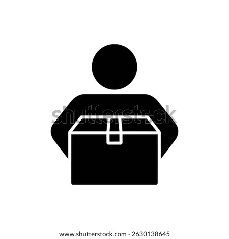 A black vector graphic shows a person icon carrying a sealed cardboard box. Represents shipping, delivery, moving, packaging, or logistics services.