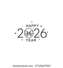 Gráfico de Vector negro con texto Feliz año 2026 y un lazo dentro de un círculo rodeado de puntos.