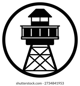 A black vector graphic of a watchtower on a lattice base, enclosed in a circle, signifying security and observation.