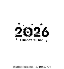 Gráfico de Vector negro del año 2026 con las palabras Feliz Año debajo y estrellas dispersas.