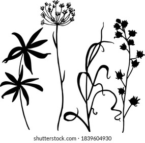 Black vector grass of different types on a white background. Seamless pattern from separate elements.