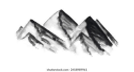 Black vector grunge halftone textured mountains illustration. Elegant geometric half tone hills landscape background, texture travel concept