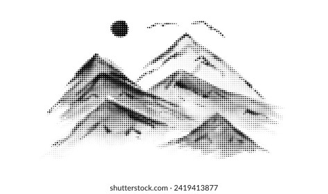 Schwarze Vektorgrafik-Halftone strukturierte Berge, Mond und Vogelgrafik. Elegantes geometrisches Halbtonlandschaftshintergrund, Stoffreisekonzept