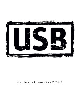 Black vector grunge stamp. Symbol of USB.