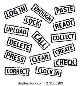 Black vector grunge stamps with text LOCK, READY, CHECK, UPLOAD, DELETE. Icon and outline illustration.