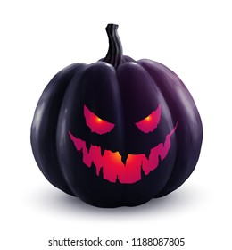 Black vector halloween pumpkin with red glowing eyes and smile. Holiday symbol isolated on white background.