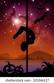 Black vector Halloween style silhouette of female pole dancer. performing pole moves in front of river and stars. Pole dancer in front of space background with Halloween elements.