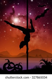 Black vector Halloween style silhouette of female pole dancer performing pole moves in front of river and stars. Pole dancer in front of space background with Halloween elements.
