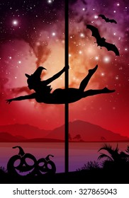 Black vector Halloween style silhouette of female pole dancer performing pole moves in front of river and stars. Pole dancer in front of space background with Halloween elements.
