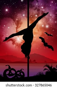 Black vector Halloween style silhouette of female pole dancer performing pole moves in front of river and stars. Pole dancer in front of space background with Halloween elements.
