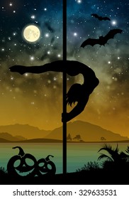 Black vector Halloween style silhouette of female pole dancer performing pole moves in front of river and stars. Pole dancer in front of space background with Halloween elements.