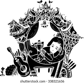 black vector of hand draw imagination line art for card