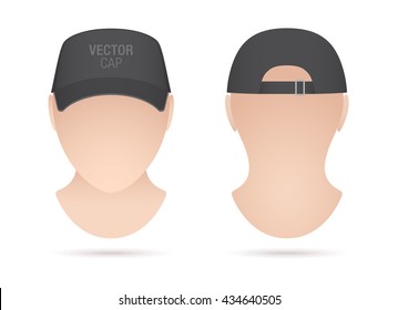 Black Vector Hat Template On A Mens Bust. Vector Cap Mockup. Apparel Template.