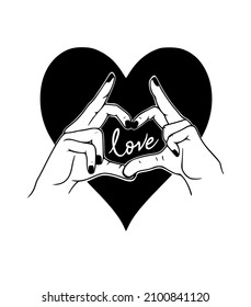 Black vector heart icon silhouette.Female Hands Making Heart Gesture.Hands folded in shape of heart.Love symbol drawing.Romantic.Valentines day.Frame.T shirt print.Vinyl wall sticker decal. DIY. Card