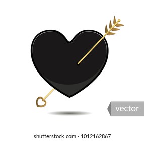 Black vector heart pierced by an arrow, isolated on a white background.