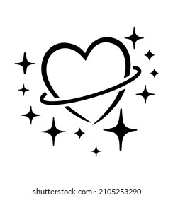 Black vector heart planet tattoo silhouette sign with twinkling bright sparkles shining stars icons stencil.Love symbol.Space.Magic.Plotter laser cutting.Icon. Cricut. Valentine's day.Wedding.DIY cut.