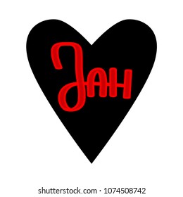 Black vector heart with word "Jah" on it. Symbol of rastafarian love. Isolated illustration.