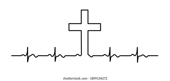 Black vector heartbeat line art silhouette drawing.Cross.God Lord Jesus Christ.Heart rhythm.ECG.Cardiogram.Faith.Christian banner.Health.Normal cardio .Tattoo.Baptist.Church.Vinyl wall sticker decal.