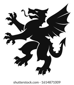 Black vector heraldic rampant dragon on the white background.