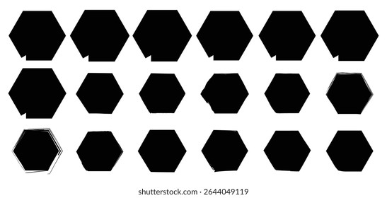 Black vector hexagon icons with distressed and rough border effects for use in print media, design systems, interface buttons, or abstract patterns.

