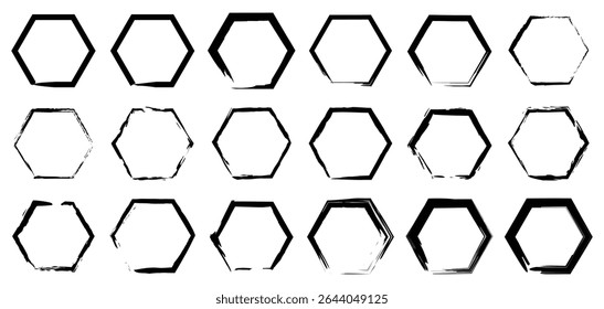 Black vector hexagon icons with distressed and rough border effects for use in print media, design systems, interface buttons, or abstract patterns.

