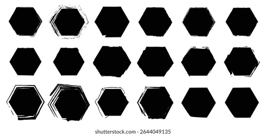 Ícones de hexágono de vetor preto com efeitos de borda angustiados e ásperos para uso em mídia de impressão, sistemas de design, botões de interface ou padrões abstratos.

