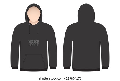 Black vector hoodie template. Model man dressed in a black hoodie, isolated on a white background.