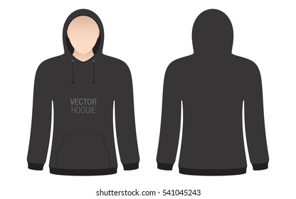 Black vector hoodie template. Model woman dressed in a black hoodie, isolated on a white background.