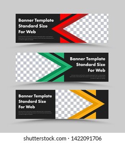 Black vector horizontal web banners template with place for photo and color triangular design elements. Set for advertising, the standard size.