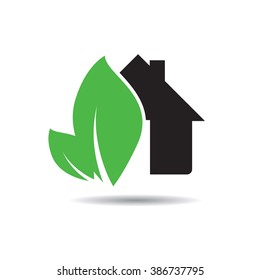 Black Vector House and Green Leaf. Vector outline Icon.