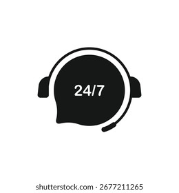 Icono de Vector negro para 24h 7d Asistencia al cliente. Este diseño limpio cuenta con un auricular con una burbuja de voz y el texto 24d 7d, ideal para el servicio continuo y los conceptos de mesa de ayuda