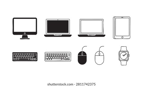 black vector icon bundle of electronic devices including monitor, laptops, tablet, keyboar