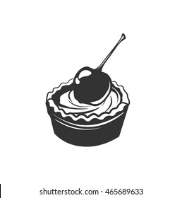 Black vector icon for cupcake with cream and cherry on top on white background.