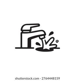 A black vector icon depicting a contemporary water tap with water dynamically splashing out symbolizing hygiene water usage and plumbing.