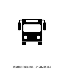 Black vector icon depicting a front-facing bus, ideal for use in city transportation and travel-related designs.