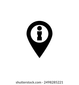 Black vector icon depicting an information symbol inside a map pin, ideal for use in digital maps, navigation apps, and location-based services.