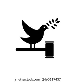 Black vector icon of a dove holding an olive branch perched on a pedestal symbolizing peace and harmony