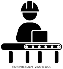 Black vector icon of a factory assembly line used in mass production and automation systems.

